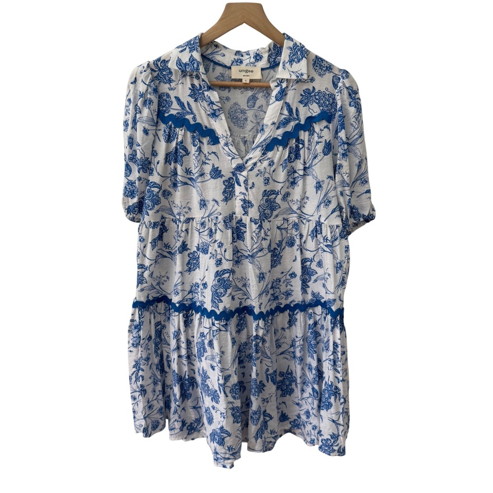 Umgee Babydoll Dress Small Blue White Floral Toile Ric Rac Tiered